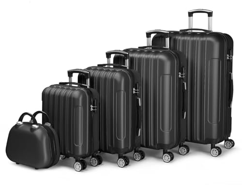 LALAHO Set de 5 Valises de Voyage avec Vanity Case, Valise Grande Taille, Valise Cabine, Petite Valise, ABS avec roulettes Pivotantes 360°, Cadenas et Poignée Télescopique (Noir)