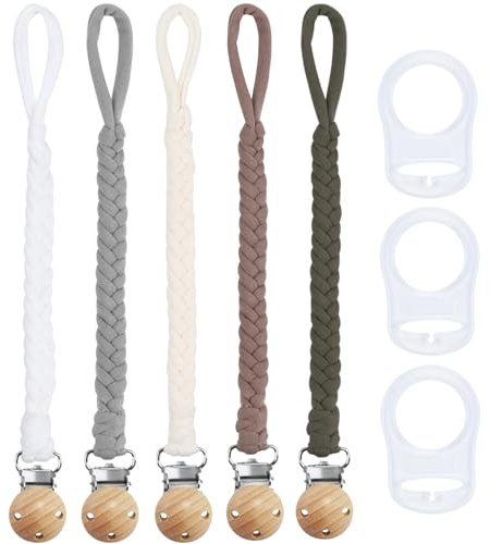 ABirdon 5Pcs Baby Dummy Clip Strap with 3 Button Ring Soother Adapters, Neutral Infant Pacifier Chain Teething Toys Holder for Boys and Girls