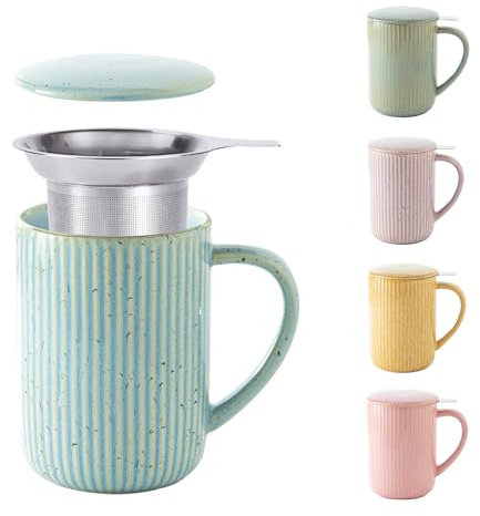 Yundu 470ml Keramik Flamme Teetasse mit Deckel und Sieb, Gestreifte große teebecher - Flamme Blau