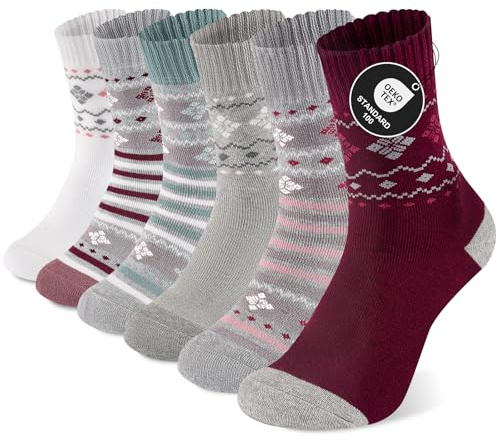 Niorasen 6 Paia Calzini Termici Donna Inverno, Spessi Caldi e Morbidi Calzini in Cotone Divertenti e Colorati Regalo con Interno Felpato Mix Nordico 35-38