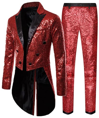 YOSUWOAI Costume à paillettes pour homme - 2 pièces - Veste frack pour homme - Pour fête, bal de fin d'année, pantalon - Tenue business - Costume de carnaval - Cosplay, O rouge., L
