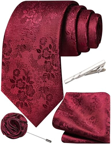 Ailisus Mens Floral Tie and Pocket Square Set Wedding Formal 4PCS | Complete set with necktie,handkerchief,lapel pin,tie clip,silk blend,elegant woven pattern,perfect for party,business,prom