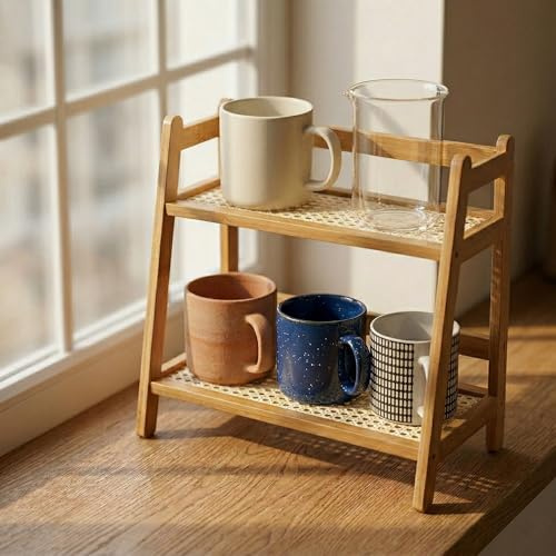 Mirriverse Organizador Rincón de Café y Cocina Madera Acrílico, Estantería Encimera 2 Niveles, Soporte para Especias y Matcha, Estante para Tazas de Café (Natural)