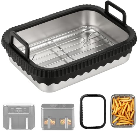 VINATO Teglia in Acciaio Inox 21x16x5,5 cm con Griglia e Manici in Silicone, Accessorio per Friggitrice ad Aria compatibile con Ninja AF400/AF451/AF500, Adatta al Forno e Lavastoviglie