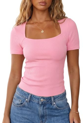 Aottori T Shirt for Women UK Square Neck Short Sleeve Ribbed Pink L