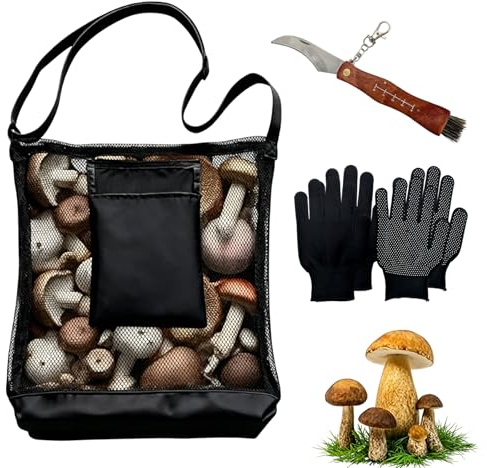 Set Cueillette Champignons : Couteau Avec Brosse, Gants Antidérapants, Sac Pliable En Bandoulière. 4 Pièces Idéal Pour Randonnée, Camping & Plein Air