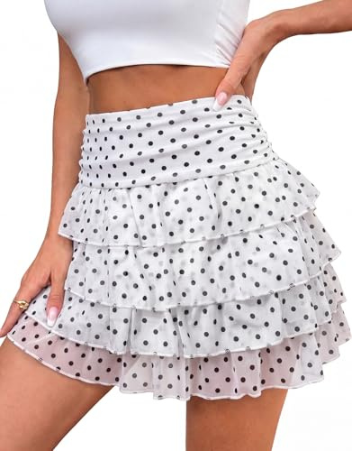 Adigaber Femmes Mini Jupes Volant Taille Haute avec Short | Courte,Tulle,Doublure de Sécurité,Tissu Résille,Taille élastiquée,Couleur Unie,Imprimé,Gainant Ventre,Respirant,Soirée
