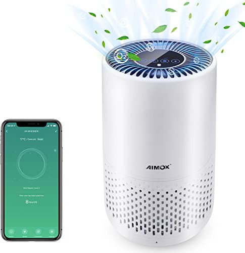 AIMOX Smart WIFI Luftreiniger für Zuhause, mit Luftqualitätssensor, 3 Geschwindigkeiten, leisem Schlafmodus, Timer, Nachtlicht, CADR 136m³/h, HEPA-Filter, Funktioniert mit APP Alexa & Google