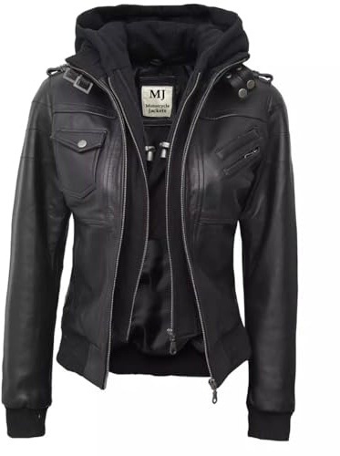 Motorcycle Jackets Womens Black Hooded Bomber Leather Jacket - Lambskin Womens Leather Jacket with Removeable Hood (UK, Alpha, M, Regular, Regular, Black)