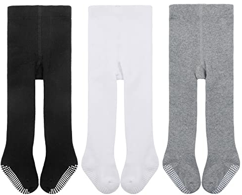 Durio - Calzamaglia per bambini, in cotone, collant caldi, 3 paia, nero, bianco e grigio, 0-6 Mesi