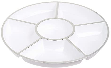 STACKABLES 4 Pack White Compartment Trays with Silver Rim 12'' Serving Platters ~ Reusable Plastic Serving Tray ~ 6 Sectional Platter Catering Trays for Appetizers Salads Snacks & Party Food
