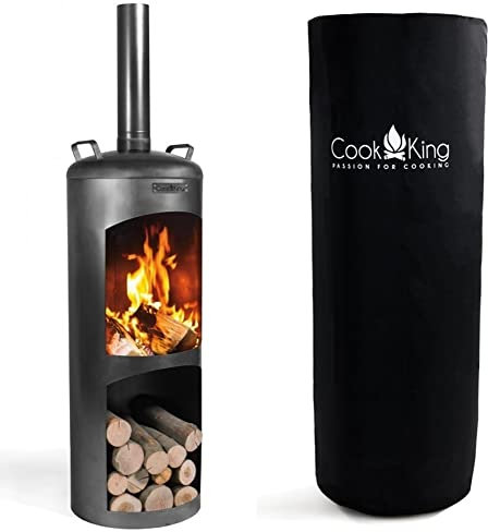 Gartenkamin Faro mit wasserfester Abdeckung Gartenofen H 158 cm Gartenkaminbezug Terrassenofen aus Naturstahl CookKing