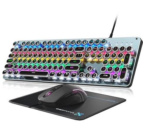 Typewriter Style Mechanical Gaming Keyboard Blue Switch, Rainbow LED Backlit Wired Computer Keyboards Mouse and Pad Combo, Metal Panel Retro Punk Round Keycaps, 104 Keys Anti-Ghost for PC Laptop Gamer