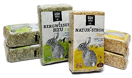 Hayrabbit Naturstroh & Bergwiesenheu - 3kg Stroh und 3kg Heu in 1kg Beuteln verpackt, allergikerfreundlich, Beste Qualität