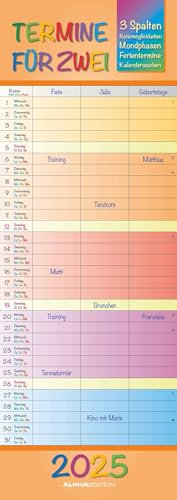 Alpha Edition - Regenbogen 2025 Familienplaner für 2, 15x42,cm, Familienkalender mit 3 Spalten für Termine und Notizmöglichkeiten, Mondphasen und Ferientermine DE/AT/CH