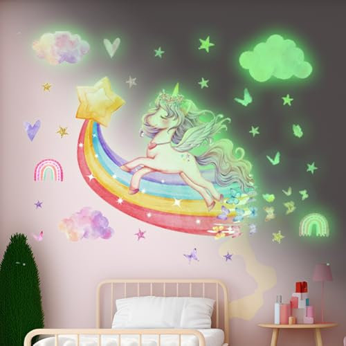 Autocollant Lumineux Licorne Lueur Arc en Ciel Autocollants Autocollant Mural Licorne qui Brille Dans le Noir Autocollant Licorne Autocollants Muraux Fluorescents pour la Décoration de la Chambre