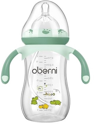 Oberni Anti-Colic Baby Bottle with Size 4 Breast-Like Teat, Non-Slip Handles, Weighted Straw for 12 Months Newborn Babies, 270ml/9oz/Green/1Pack