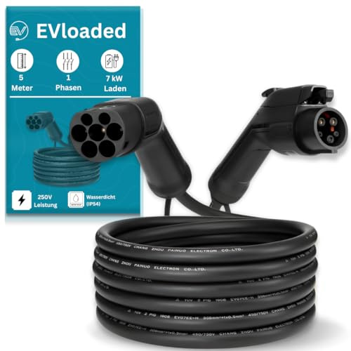 EVloaded | EV Charging Cable 5m, straight Design, Type 1 to Type 2, 32A, 7kW, Reliable Charging Solution for Electric Cars