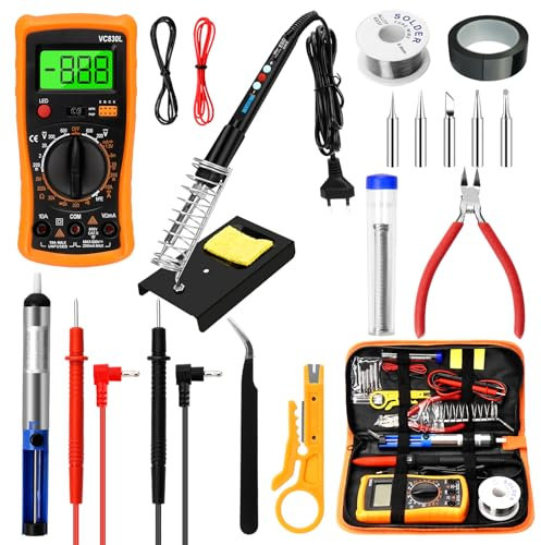 Fer à Souder Kit, 19 en 1 LED Visible Température Réglable 180-520°C Electronique de Precision avec Interrupteur, 5 Conseils de Soudage, Pompe à Dessouder, Fil de Soudure, pour Réparations Électriques