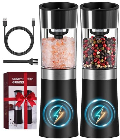 COSYAIREY Gravity Electric Salt and Pepper Grinder Set, USB-C Rechargeable Salt and Pepper Mill with Larger Capacity, White Light, One Hand Automatic Operation, Black, 2Pack
