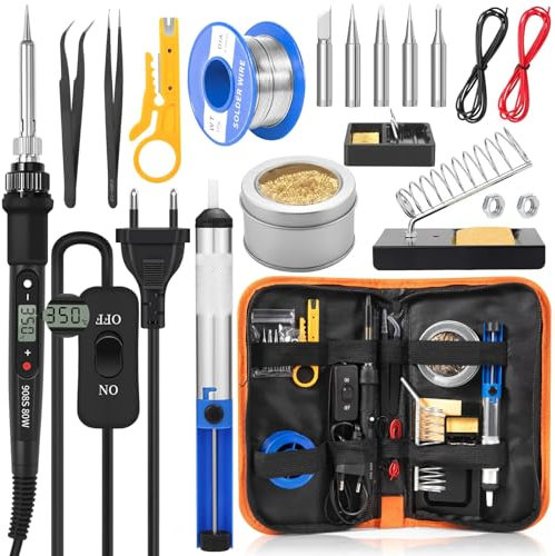 CIRULLI Fer à souder 80 W (350 ℃-500 ℃),Kit soudure electronique 17 en 1 avec interrupteur ON/OFF,5 panne fer à souder,Pompe à dessouder,fil à souder,Pour travaux et réparations électriques