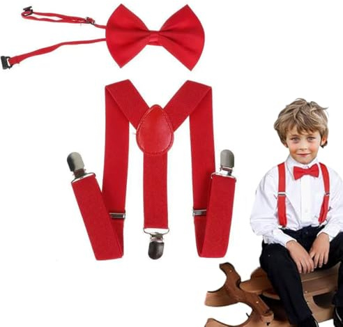 XENQITO Bretelle e Papillon Elastici Regolabili per Bambini - Rosso
