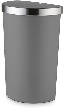 Tower Curved Sensor Bin with Bin Liner Retainer Ring, Durable PP Body, Battery Operated, 50L, Grey with Stainless Steel Trim on Lid