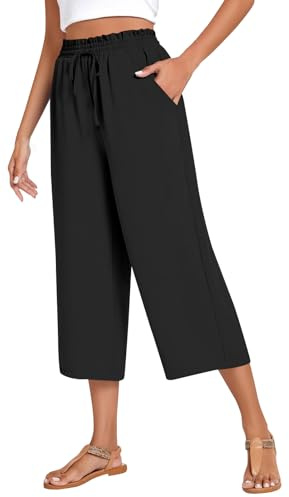 WINKEEY Pantalones de Lino Mujer de Cordón Cintura Elástica 3/4 Pantalon Mujer Suaves Elegante Cómodas Color Sólido Pantalon Verano Mujers, Negro 2XL