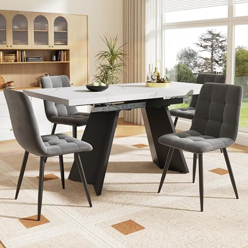 Bord med 4 stolset, utdragbar matgrupp (5 delar), modernt matbord med MDF-marmorplatta och pelarfötter, sammetsmatstolar, elegant för kök och matsal