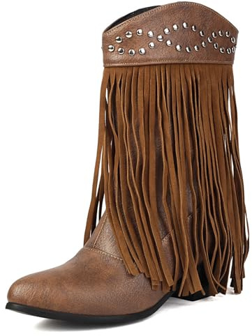 Générique Femmes Bout Rond Franges Bottes avec Clous Talon Bloc Moyen Bottines Courtes À Enfiler Cuir PU Bottines,Marron,39 EU