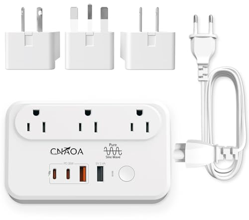 CNAOA 220V to 110V Voltage Converter, 350W Pure Sine Wave Voltage Converter US to Europe with 35W PD 2 Type C Port 2 USB A Port, International Power Converter Combo Plug for International Travel White