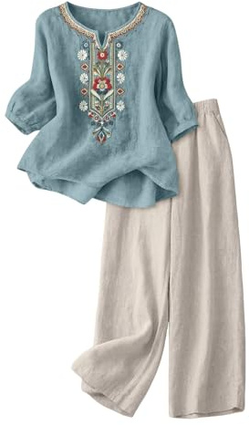 riou Conjunto Mujer Verano 2 Piezas Original Moda Algodon y Lino Traje de Primavera Ligero Chándal Blusa Manga 3/4 Pantalones Ropa de Playa Vacaciones Deportivo Casa Trabajo M-3XL
