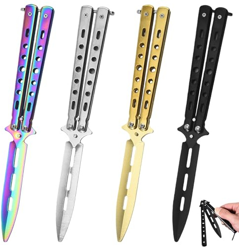 Ensemble d'entraînement de 4 couteaux papillon, lames non affûtées, peigne d'entraînement, idéal pour débutants et figures acrobatiques. Couteau d'entraînement Balisong, Noir, blanc, multicolore, or