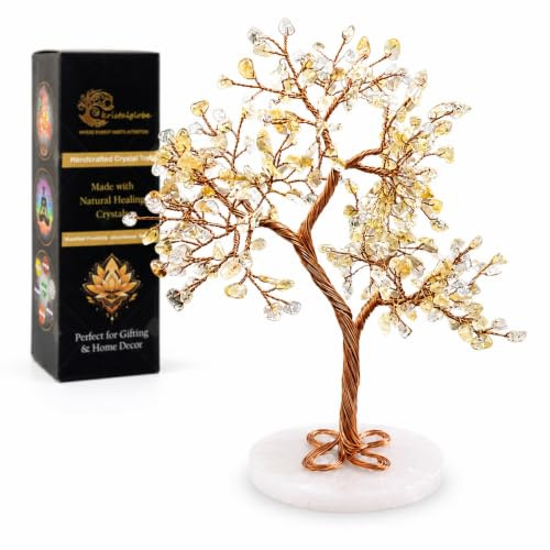 Citrine Crystal Tree of Life with Copper Wire & Agate Slice Base, Handmade Gemstone Bonsai for Wealth, Prosperity & Positive Energy, Spiritual Home Décor Gift for Living Room & Office Decor