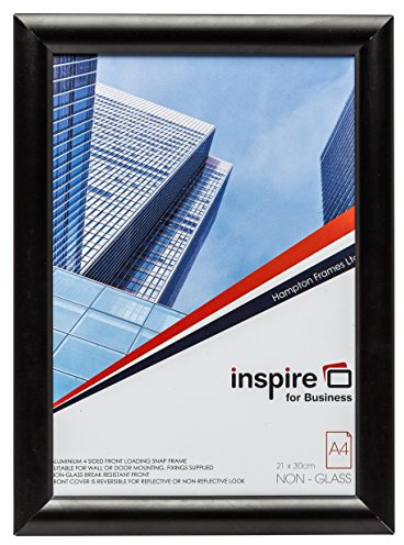 Hampton Frames | Snap Frame SNAPA4BLK | A4 21x30cm, Black, Aluminium, 25mm Wide Profile | Front Loading, Safety Acrylic Glass, Wall Mount | Certificate Display, Picture Photo Frame