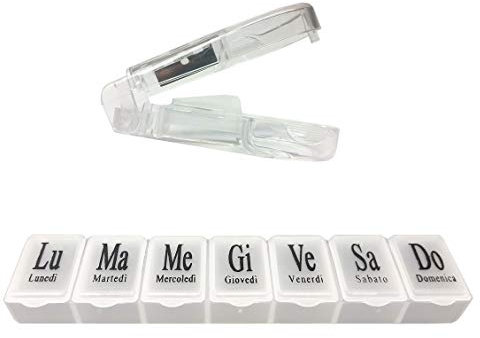TAGLIAPILLOLE con PORTAPILLOLE SETTIMANALE in ITALIANO - 2 Pezzi - Taglia Pillole di Precisione + Porta Pillole 7 Scomparti Giornalieri