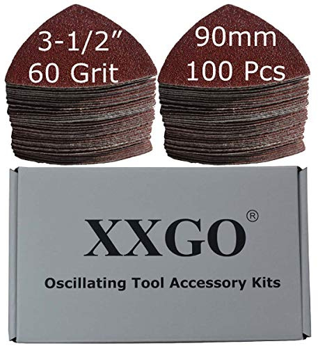 XXGO 100 Pcs 60 Grits 90mm Triangular Sanding Pads for Wood Sanding Fit 3.5 Inch Oscillating Multi Tool Sanding Pads XG902060U