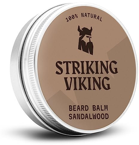 Striking Viking Balsamo per barba da uomo, facile tenuta, legno di sandalo, 2 oz – Balsamo per barba Leave-in con burro di karitè, tea tree, argan e olio di jojoba – Beard Balm leviga, modella e nutre