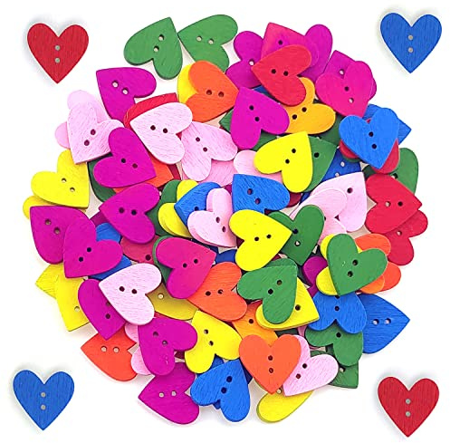 100 Pcs Colorful Wooden Heart Buttons with 2 Holes Rustic Buttons for Clothes Sewing Scrapbooking Art Crafting DIY Decoration