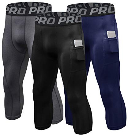 LANBAOSI 3 Pack Mens 3/4 Compression Running Leggings with Pockets Cool Dry Wicking Athletic Base Layer Capri Tights Training Gym Workout Pants