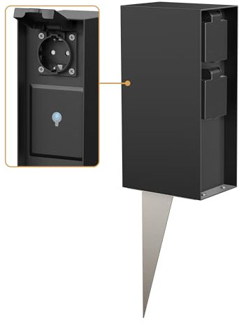 ledscom.de Columna de Toma de Corriente para jardín POMI con Pica de Tierra para Exterior, IP44, Smart Home, WLAN, Alexa, Triple, Negro, Angular, 23cm