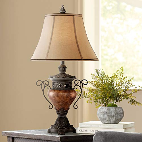Regency Hill Traditional 3-Way Table Lamp 31 1/2 Tall with USB Charging Port Bronze Crackle Brown Urn Faux Silk Bell Shade for Bedroom Living Room Nightstand Bedside Night Stand Office