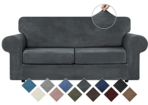 WEERRW Velvet Couch Covers for 2 Cushion Couch Sofa - High Stretch Luxury Velvet Plush 3 Pieces Sofa Slipcovers with Elastic Bottom, Furniture Protector for Pets, Machine Washable, Dark Grey, Medium