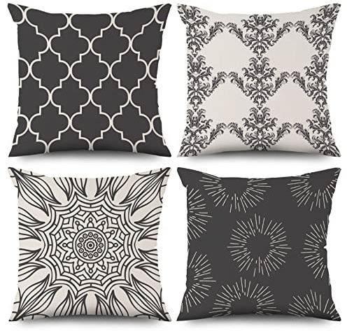 ASDCXZ Boho örngott 40 x 40 cm set om 4, retro datura blomma mönster svart beige soffa dekorativ kudde örngott tvättbar polyester lin textil stoppning örngott