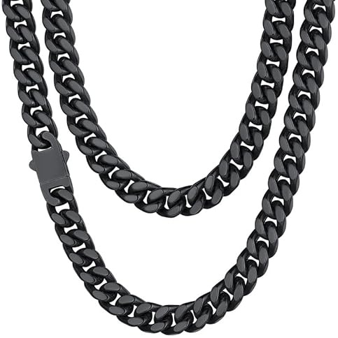 Mens Cuban Link Chain, Black Miami Cuban Chain Necklace for Men, 9mm Wide Hip Hop Mens Jewelry, 20
