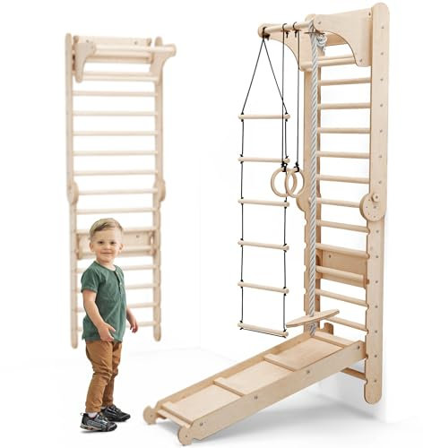 6-in-1 Holz Schwedenwand & Rutschensatz – Vielseitiges Indoor Kletterdreieck Set für Kinder mit Leiter, Rutsche, Monkey Bars – Perfekt für 2 bis 12 Jährige