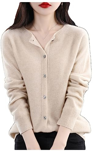 Youllyuu Maglione Cardigan Girocollo in Lana 100% Cappotto Maglione in Cashmere Maglione Sottile Lavorato a Maglia Tinta Unita Beige S