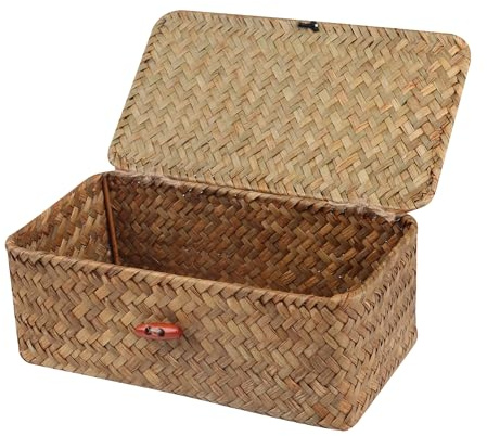 Moosky Wicker Shelf Baskets with Lid,Handwoven Seagrass Basket for Storage Basket Bins Rectangular Home Organizer Gift Boxes (Natural Small)
