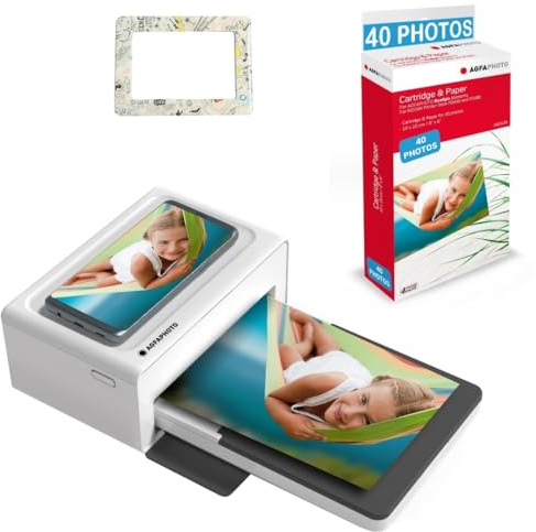 AgfaPhoto Realipix Moments Printer Pack + cartucce e carta per 40 foto + graziosa cornice magnetica - Stampa fotografica Bluetooth 10x15 cm, iOS e Android, sublimazione termica 4Pass - Bianco
