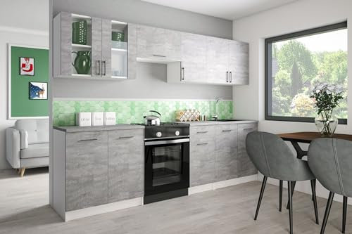 roe furniture Küchenzeile ohne Elektrogeräte - Modern Einbauküche 260 cm - Küche Komplett Leco - Küchenblock - Geräumige Singleküche - Küchenmöbel Komplett Beton & Beton Arbeitsplatte